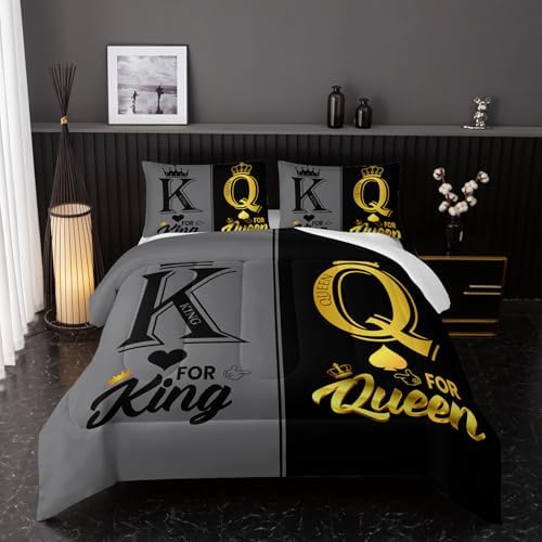 Nttopship King and Queen Crown Comforter Set Black and Gray Couple Bedding Set，3Pcs Mr Mrs Comforter Set for Adults Couple Men Women,His and Hers Quilt Set 2 Pillowcases Bedroom Decor Queen