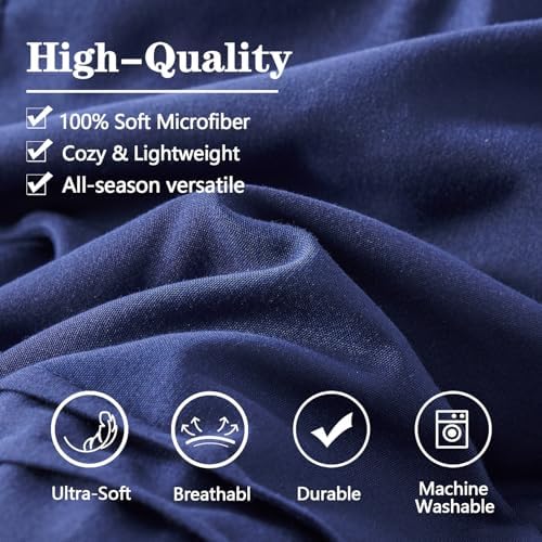 Yogeneg Queen Comforter Set 7 Piece Bed in a Bag,Grid Pinch Pleat Navy Blue Bedding Set,Striped Textured Soft Microfiber Comforter with Sheet Set,All Season Complete Bed Set(Navy Blue,Queen)