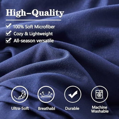 Yogeneg Queen Comforter Set 7 Piece Bed in a Bag,Grid Pinch Pleat Navy Blue Bedding Set,Striped Textured Soft Microfiber Comforter with Sheet Set,All Season Complete Bed Set(Navy Blue,Queen)