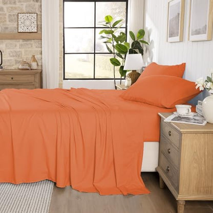 ROSE&RISY Burnt Orange Queen Sheet Set, Pre-Washed Cotton-Like Brushed Microfiber, 4 Pcs Super Soft Breathable Cooling Bed Sets,Includes 1 Fitted, 1 Flat, 2 Pillowcases(Burnt Orange, Queen)