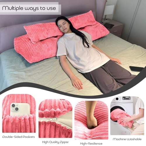 Headboard Pillow Full, Headboard Wedge Pillow with A Long Neck Roll Pillow Body Pillow, Triangle Pillow Wedge for Reading, Working, Bed Wedge Pillow for Headboard (Red, Full)