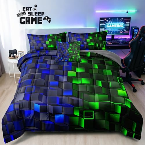 6 Piece 3D Block Comforter Set Full Size for Boys Kids Room Vibrant Red Green Gaming Block Bedding Set Bed in a Bag for Boys Girls Kids Teens Bedroom Decorative Full12