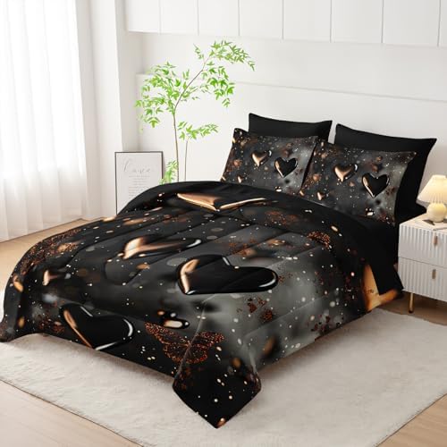 7 Piece Black Heart Comforter Set King，King Size Heart Bedding Set，Heart Themed Bedroom Decor，(1 Comforter, 1 Flat Sheet, 1 Fitted Sheet, 2 Pillowcase and 2 Pillow Sham)