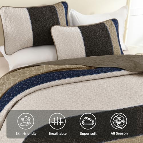 Cottolester Quilt Set Queen,Brown Blue Striped Plaid Bedspread Coverlet Set
