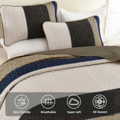 Cottolester Quilt Set Queen,Brown Blue Striped Plaid Bedspread Coverlet Set