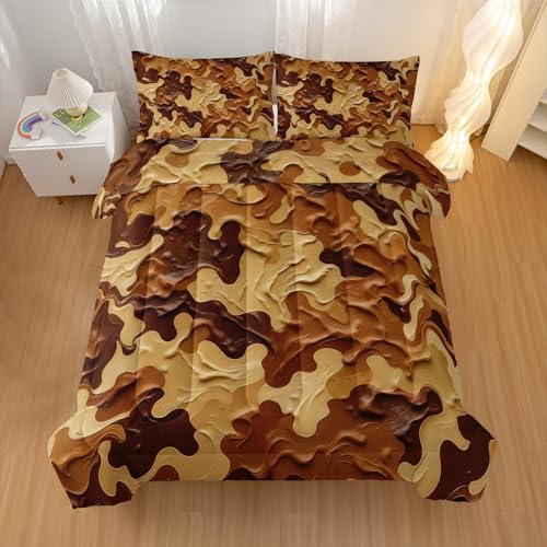 Nttopship Camouflage Bedding Set,Brown Camouflage Pattern Style Full Comforter Set for Adult Teens Camo Bed in A Bag 3 Pieces,Camo Pattern Room Decor with Comforter and 2 Pillow Case