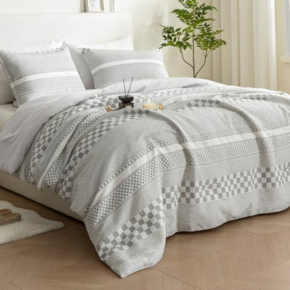 SLEEP ZONE Comforters Queen Set, Striped Lattice Bedding Set Gray 3 Pcs