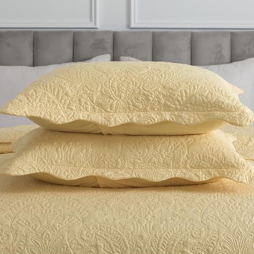 HoneiLife Queen Size Quilt Sets - 3 Piece Queen Quilt Bedding Set Microfiber Quilt Set Lightweight Bedspreads Reversible Coverlets Retro Bed Cover Floral Bedding Set All Season Quilts-Yellow