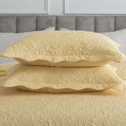 HoneiLife Queen Size Quilt Sets - 3 Piece Queen Quilt Bedding Set Microfiber Quilt Set Lightweight Bedspreads Reversible Coverlets Retro Bed Cover Floral Bedding Set All Season Quilts-Yellow