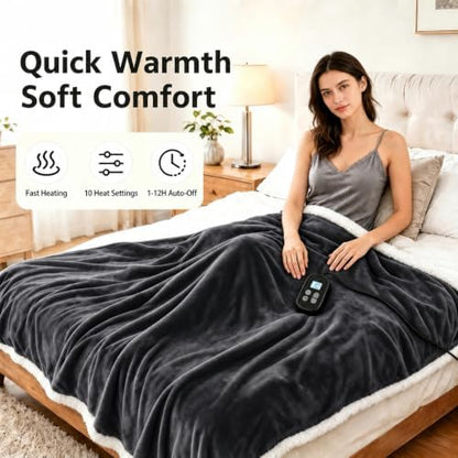 Electric Heated Blanket Twin Size 62" x 84", Soft Flannel Heating Blanket for Bed, Sofa, Bedroom, 10 Heat Settings, 1-12H Auto Shut Off, Overheat Protection, Machine Washable, Charcoal Gray