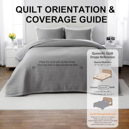 XL Queen Quilt Set 98 x 98 in, Lightweight, Grey