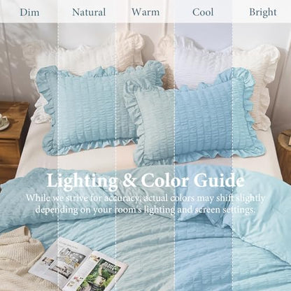 JOLLYVOGUE Blue Comforter Full Size, 3 Pieces Seersucker Lightweight Full Size Bedding, All Season Fluffy Microfiber Bedding Comforter Set with 1 Ruffle Comforter and 2 Ruffle Pillowshams