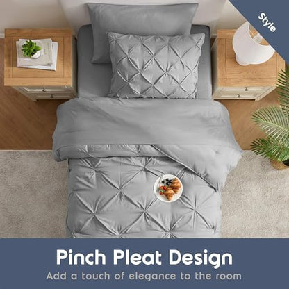 Nestl 7 Piece Twin XL Comforter Set – Grey Pinch Pleated Bed in a Bag – Complete Twin XL Size Bedding Set with Sheets, Set of 2 Cooling Pillows, Pillowcase and Sham