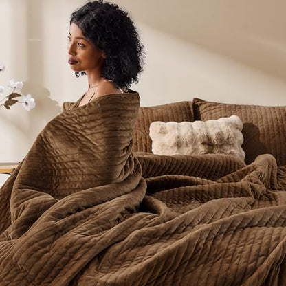 Wonderful - Velvet Quilt Set King Size Mocha Brown, Soft Cotton-Feel Plush Coverlet with Shams, Premium Vertical Channel Stitched, Lightweight All-Season Bedspread