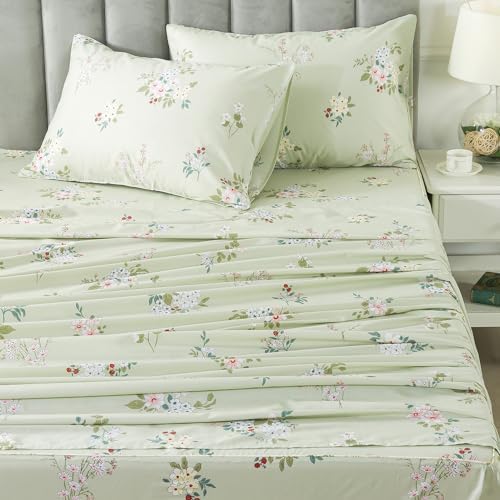 FADFAY King Size Sheets Floral Bed Sheet Set Percale Cotton Shabby Vintage Chic Rose Deep Pocket Sheets Sage Green Flower Printed Luxury Bedding Super Soft Breathable for King Size Bed 4 Pcs