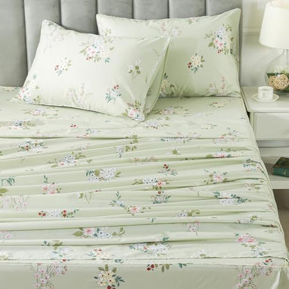 FADFAY Queen Sheet Set Floral Bed Sheets Percale Cotton Botanical Deep Pocket Sheets Sage Green Flower Printed Luxury Bedding Super Soft Breathable for Queen Size Bed 4 Pcs