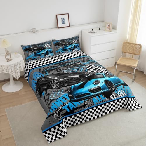 Blue Sports Car Children Comforter Set,Race Cars Bedding Set for Kids Boys,Adults Soft Extreme Sports Game Comforter,Teens Racing Theme Quilted Duvet Set Bedroom Collection King Size 3Pcs