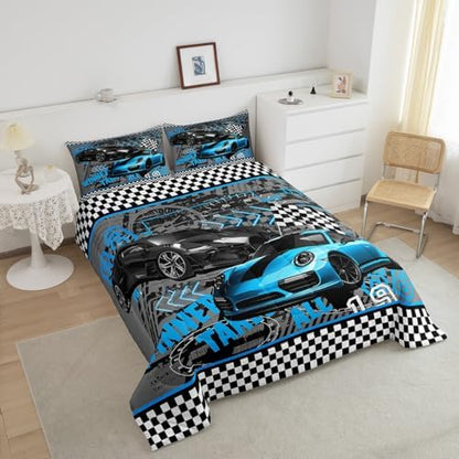 Blue Sports Car Children Comforter Set,Race Cars Bedding Set for Kids Boys,Adults Soft Extreme Sports Game Comforter,Teens Racing Theme Quilted Duvet Set Bedroom Collection King Size 3Pcs