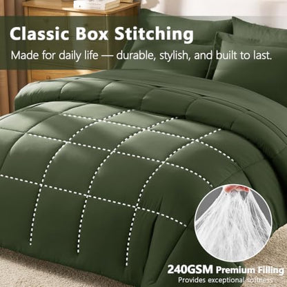 CozyLux Queen Comforter Set, 7-Piece Bed in a Bag, Olive Green