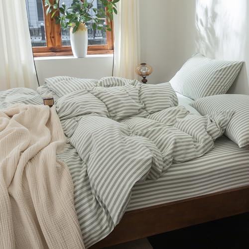 FOSSA Striped Duvet Cover Set 100% Washed Cotton Linen Feel King