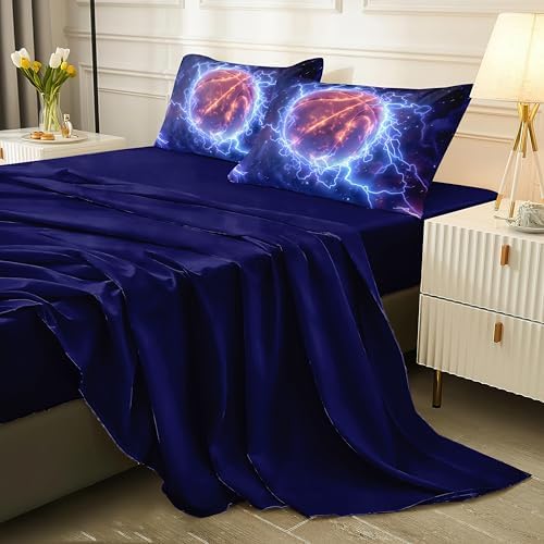 Helloosun 5PCS Basketball Comforter Set Twin,Sports Bedding Sets for Boys,Twin Comforter Sets for Boys,Blue Lightning Basketball Bedding Set with Sheets