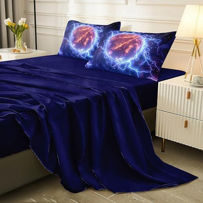 Helloosun 5PCS Basketball Comforter Set Twin,Sports Bedding Sets for Boys,Twin Comforter Sets for Boys,Blue Lightning Basketball Bedding Set with Sheets