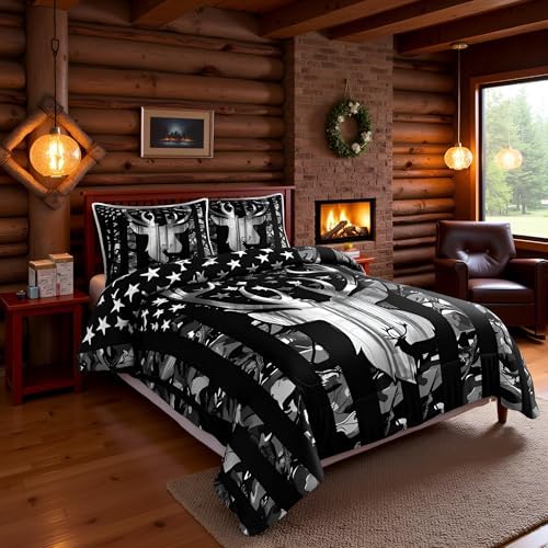 Manfei Deer Antlers Silhouette Comforter Set Twin,Camouflage American Flag Bedding Set, Wild Animal Natural Quilt Set 2 Pcs for Kids Teens Adults Room Decor,Black Grey Duvet Insert with 1 Pillowcase