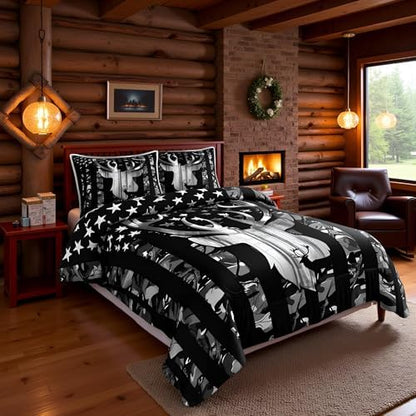Manfei Deer Antlers Silhouette Comforter Set Twin,Camouflage American Flag Bedding Set, Wild Animal Natural Quilt Set 2 Pcs for Kids Teens Adults Room Decor,Black Grey Duvet Insert with 1 Pillowcase