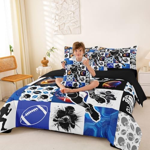 Erosebridal Sports King Bedding Set - Football Patchwork Bed in a Bag,Geometric Ball Pattern Comforter Sets with Sheets, Rugby Game 7 Pieces Bed Set Bedroom Decor