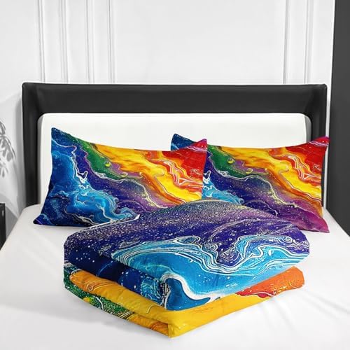 Nttopship Colorful Watercolor Comforter Tie Dye Bedding Set with 2 Pillowcase King Size Marbling Comforter Set for Kids Boys Girls Bedroom Decor