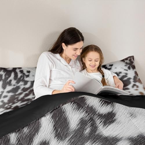 Western Brown Cowhide Comforter Set,Aztec Black White Cow Print Bedding Set King Rustic Farm Animal Down Comforter for Kids Boys Girls Men Women,Cowboy Cowhide Quilt Duvet Set Bedroom Decor 3 Pcs