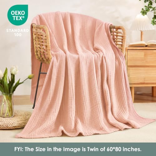 EMME Muslin Blankets for Adults Throw Blanket for Couch Breathable Gauze Soft Lightweight Airy Light Pink Twin XL 66" x 90"