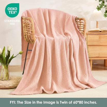 EMME Muslin Blankets for Adults Throw Blanket for Couch Breathable Gauze Soft Lightweight Airy Light Pink Twin XL 66" x 90"
