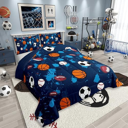jejeloiu Ball Games Comforter Set All Season Soccer Basketball Baseball Football Bedding Set with 2 Pillow Cases Splash Ink Ball Games Microfiber Kids King Bedclothes Sports Theme Decor Duvet Quilt
