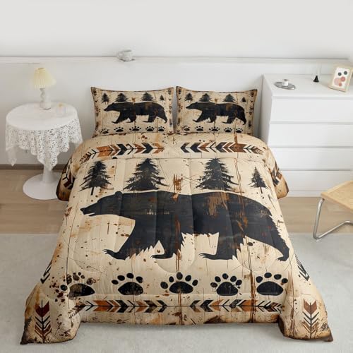 jejeloiu Bear Comforter Set Queen Size Wild Animal Bedding Set for Kids Boys Girls Rustic Cabin Country Duvet Quilt Bedroom Decor Microfiber 3 Pcs with 2 Pillow Cases