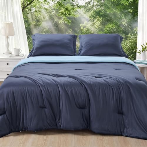 MUXHOMO Cooling Comforter Set King Size, Lightweight Summer Comforter for Hot Sleeper, Reversible Bedding with ICY Cooling Surface, Includes 1 Comforter (104"x90") and 2 Shams (20"x 36"), Navy