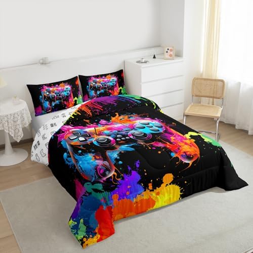 Watercolor Gamepad Comforter Set,Colorful Tid-dye Bedding Set for Kids Girls Women,Adults Modern Video Games Reversible Comforter,Hip-hop Style Quilted Duvet Set Bedroom Collection Twin Size 2Pcs