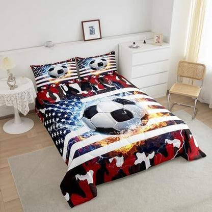 Erosebridal Football Comforter Set, Teens American Flag Down Comforter Full, Camouflage Soccer Bedding Set for Kids Boys Young Men Bedroom Decor, Sports Games USA Federations Stars Quilted Duvet