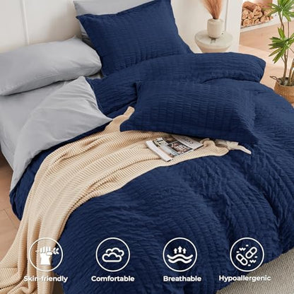 HYMOKEGE Navy Blue/Light Grey Oversized King Comforter Set Seersucker 7 Pieces, All Season Luxury Bed in a Bag for Bedroom, Bedding Set with Comforter, Sheets, Pillowcases & Shams