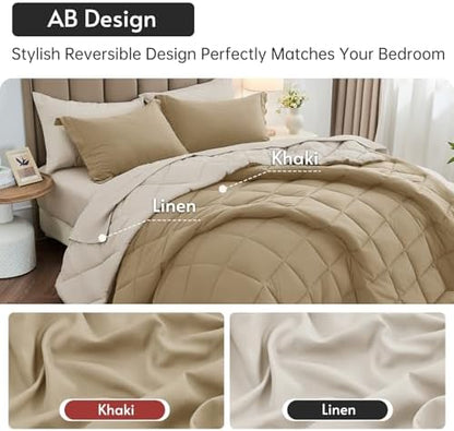 MUXHOMO 5 Pieces Twin Comforter Set, Reversible Bed in a Bag Twin Size, All Season Bedding Set with Comforter, Flat Sheet, Fitted Sheet, Pillowcases & Shams, Khaki & Linen