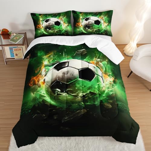 Green Soccer Bedding Comforter Set Twin Size with 2 Pillowcases.