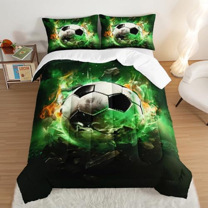 Green Soccer Bedding Comforter Set Twin Size with 2 Pillowcases.