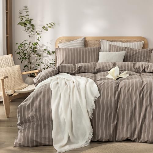 BESTOUCH Striped Cotton Duvet Cover Set Linen Feel Oversized King