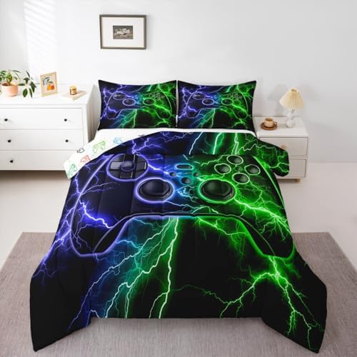Gamer Comforter Set Gaming Full Size Bedding Sets, Game Boy Games Comforter Blue Green Lightning Bed Set,Kids Room Decor