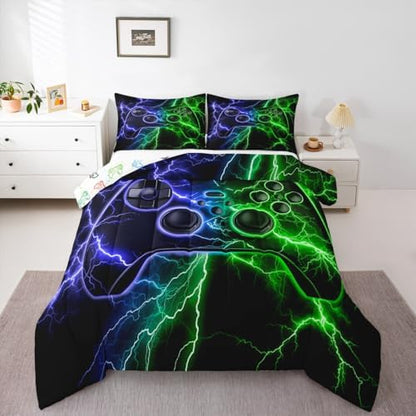 Gamer Comforter Set Gaming Full Size Bedding Sets, Game Boy Games Comforter Blue Green Lightning Bed Set,Kids Room Decor