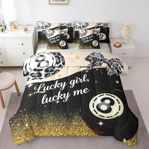 Erosebridal Y2K Lucky 8 Ball 7 Piece Bedding Set Trendy Cheetah Print Bow Comforter Set King Size for Kids Teen Adults,Grey Leopard Glitter Print Bed in A Bag Preppy Fashion Aesthetic Bed Set