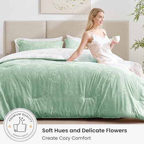 Love's cabin Sage Green Comforter Set Full - Full Size Comforter Set, 3 Pieces Cute Floral Bedding Sets for All Seasons,1 Soft Reversible Botanical Flowers Comforter and 2 Pillow Shams