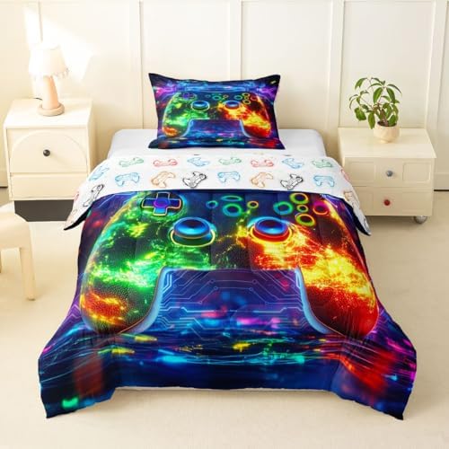 Erosebridal 3D Modern Gamer Comforter Set Gamer Controller Girl Toddler Bedding Set for Tween Boys Girls Geometric Neon Gaming Comforter Video Game Consoles Quilt,Boys Room Decor