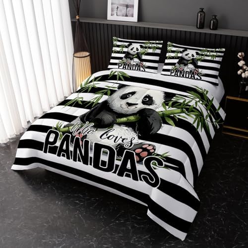 Nttopship Panda Bedding Set, Kawaii Striped Animal Theme Comforter Set for Girls Kids Teens, Full Size Panda Bed Set with 2 Pillowcases