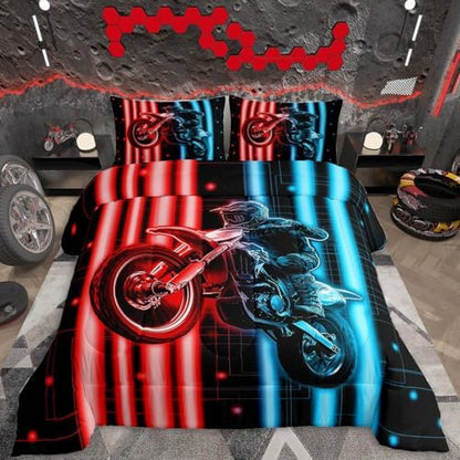 Feelyou Racing Motocross Rider Kids Bedding Set,Boys Girls Queen Size,Dirt Bike Comforter Set,Extreme Sports Ultra Soft Duvet Quilt,3D Pattern Comforter Colorful Modern Bedroom Decor,Blue Red